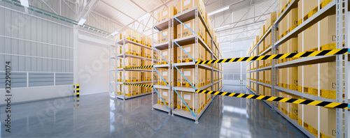 Warehouse or industry building interior. known as distribution center, retail warehouse. Part of storage and shipping system. Included box package, shelf, barricade tape and concrete floor. 3d render.