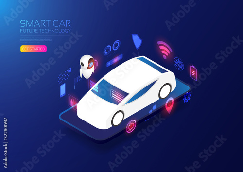 Isometric smart car with AI assistant, controled by smartphone, future technology