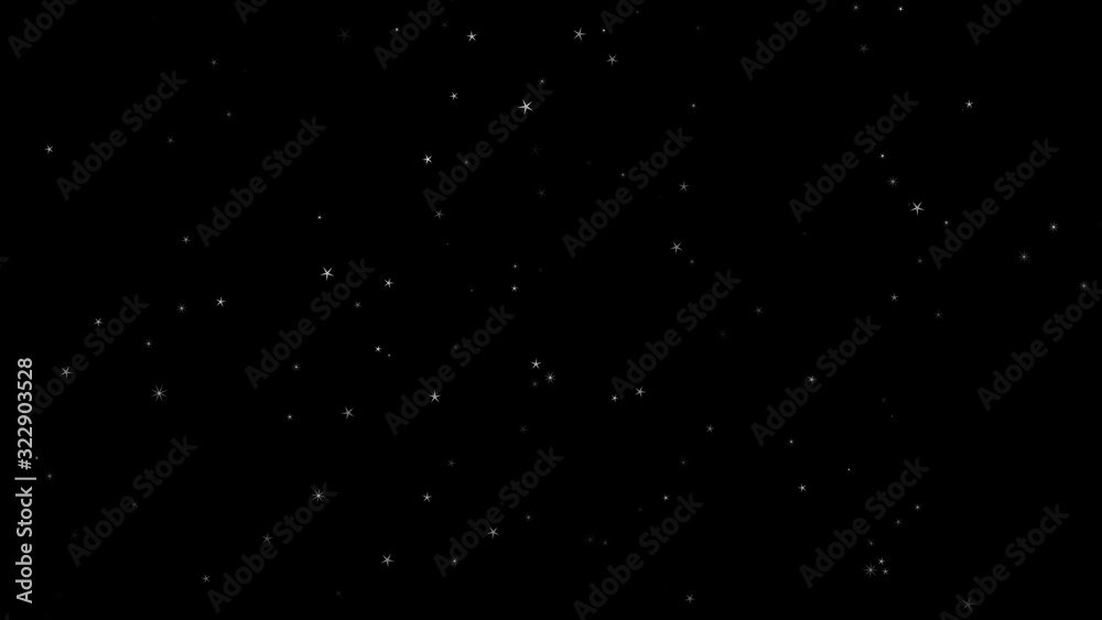 Star falling from sky top. Stardust isolated black background for motion graphics composing element. Random size turbulance in air storm. Isolated  starry dust. 4K VFX footage video. Seamless loop