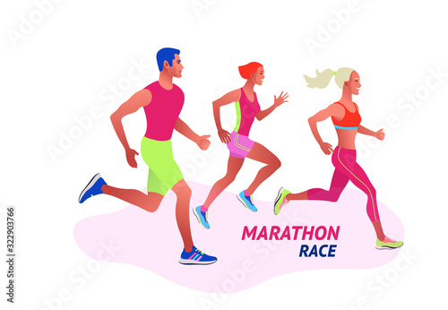 Running multinational people. Men and women jogging or running marathon outdoor. Sports competition, workout or exercise, athletics. Active lifestyle. Flat colorful vector illustration.