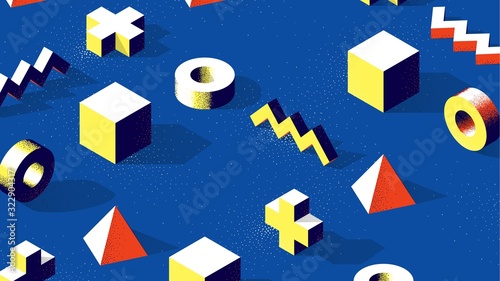 Abstract isometric 3D shapes with contrast shadows and dotwork texture on blue background