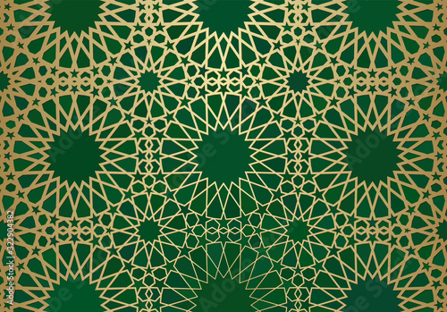 Abstract background with islamic ornament, arabic geometric texture. Golden lined tiled motif.