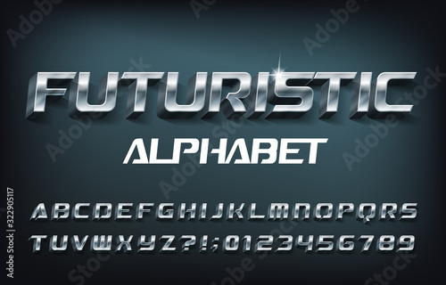 Futuristic alphabet font. 3D chrome letters and numbers with shadow. Stock vector for your typography design.