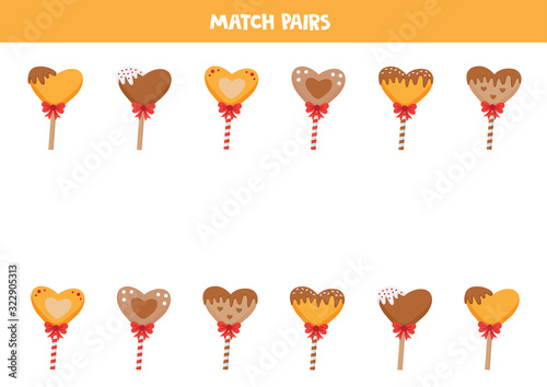 Match pairs of cartoon heart lollipops. Valentine day dessert.