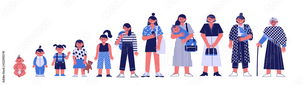 Character of a woman in different ages. A baby, a child, a teenager, an ...