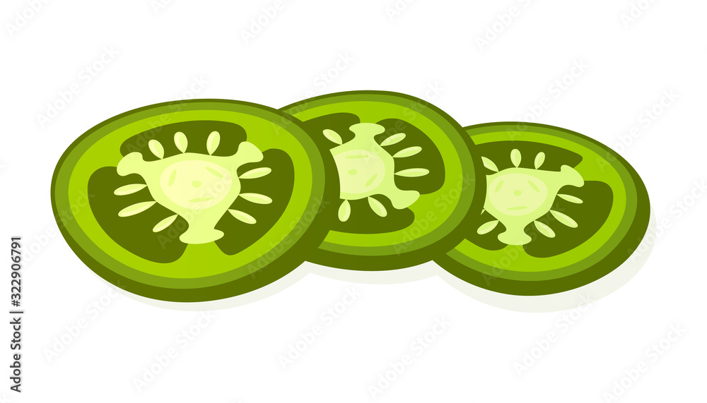 Sliced jalapeno pepper isolated on white background. Juicy ripe green pepper. Vector Illustration. Sliced jalapeno pepper isolated on white background. Juicy ripe green pepper. Vector Illustration.