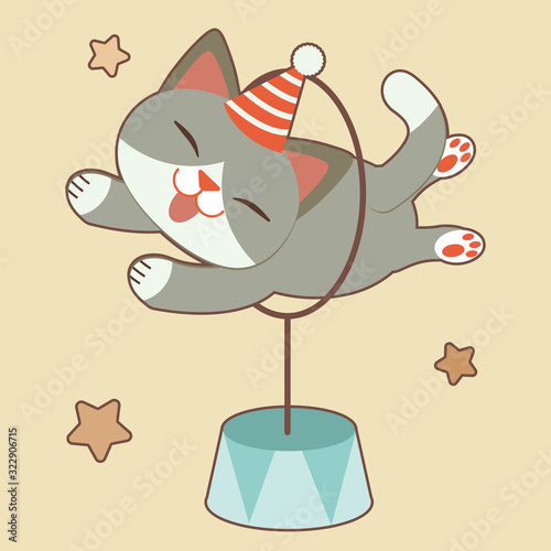 The character of cute cat jumping hoops on the yellow background and  star. The cute cat look enjoy with canival. The character of cute cat in flat vector style.