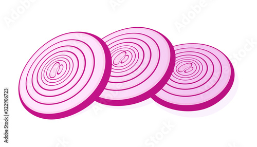 Sliced red onion isolated on white background. Rings of red onion. Vector Illustration.
