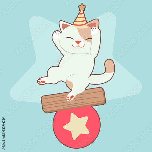 The character of cute cat playing with a big star ball in circus theme. The cute cat wear a party hat and standing on the ball on the blue background. The character of cute cat in flat vector style.