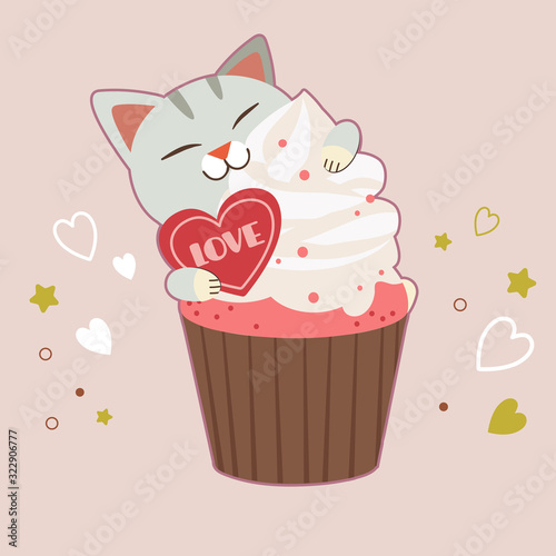 The character of cute cat sitting in the cupcake on the pink background. The character of cute cat in valentine day theme. The character of cute cat in flat vector style.