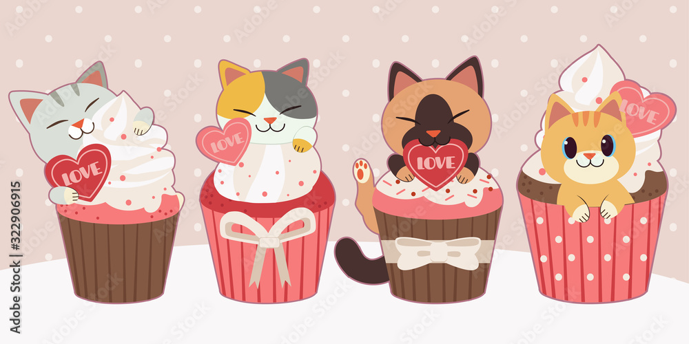 The collection of cute cat sitting in the cupcake on the pink background. The character of cute cat in valentine day theme. The character of cute cat in flat vector style.