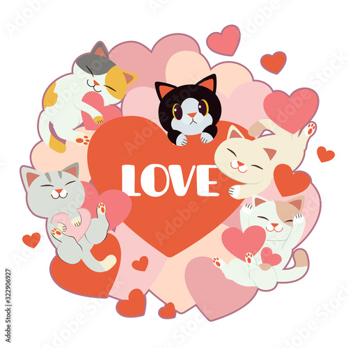Fototapeta Naklejka Na Ścianę i Meble -  The group of cute cat and friends with a lot of heart on the white background. The character of cute cat and friends hugging a heart. The character of cute cat in flat vector style.