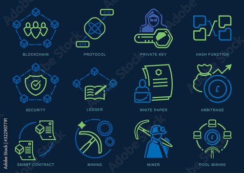 Icon set of crypocurrency with blockchain technology