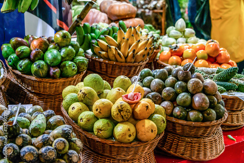 Fresh exotic fruits on famous market in Funchal Mercado dos Lavradores Madeira island, Portugal