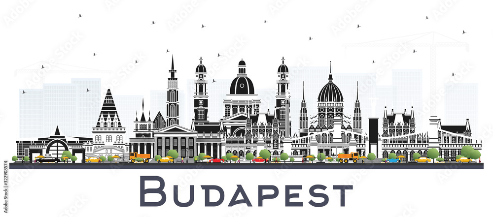 Budapest Hungary City Skyline with Gray Buildings Isolated on White.
