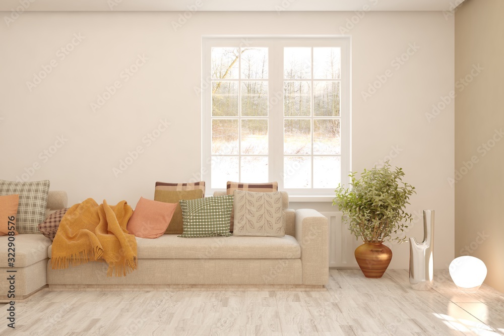 Stylish room in white color with sofa and winter landscape in window. Scandinavian interior design. 3D illustration Stylish room in white color with sofa and winter landscape in window. Scandinavian interior design. 3D illustration