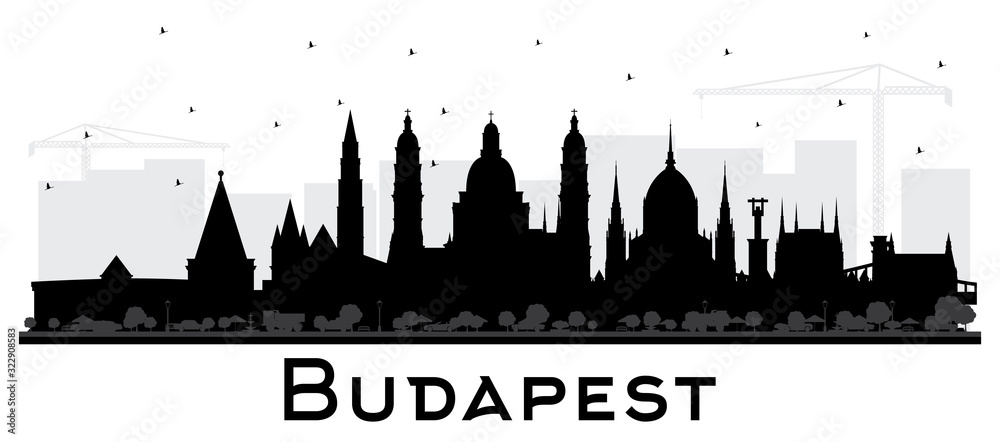 Budapest Hungary City Skyline Silhouette with Black Buildings Isolated on White.
