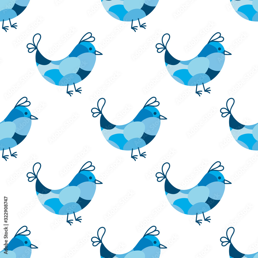 Fototapeta premium Seamless pattern with Spring Easter birds. Painted Easter eggs in blue.