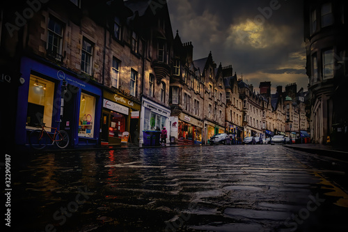 Damp dark street in Edinburgh Scotland
