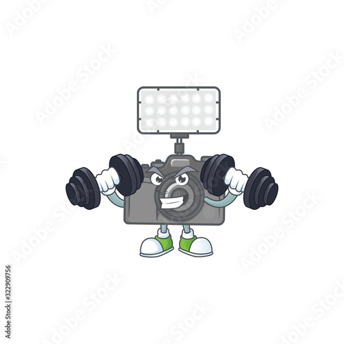 Photo camera with lighting mascot icon on fitness exercise trying barbells