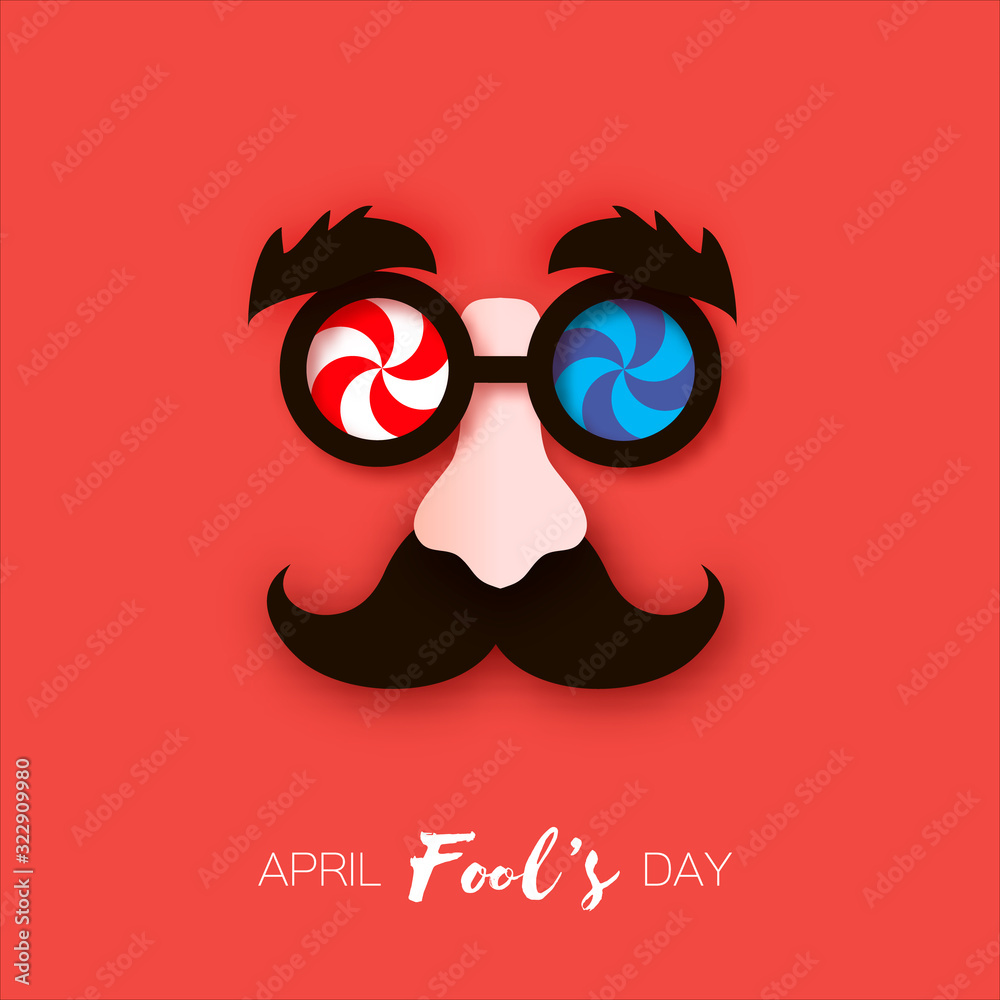 1 April Fools Day. Funny Crazy Mask Glasses. Black mustache and eyebrow,  surface nose in paper cut style on red. Stock Vector | Adobe Stock