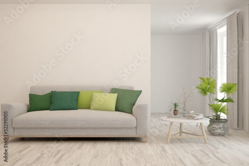 Stylish room in white color with sofa. Scandinavian interior design. 3D illustration © AntonSh