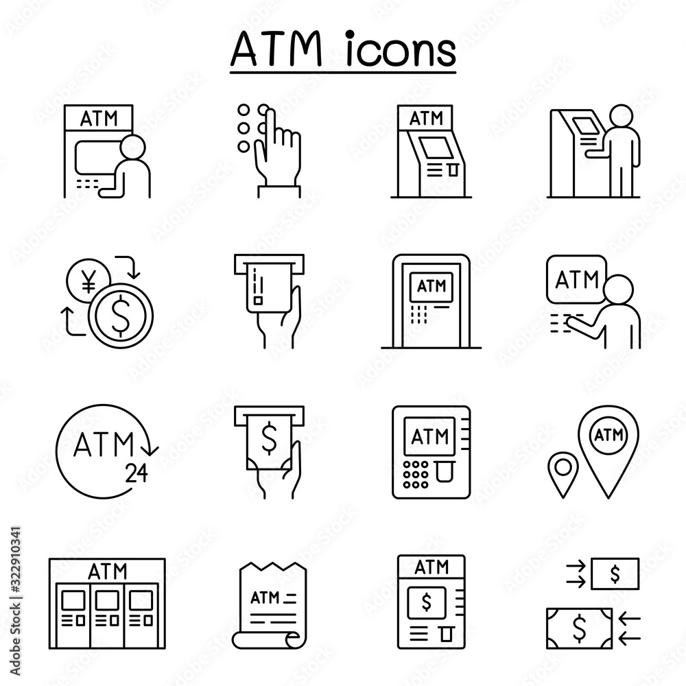 ATM icons set in thin line style
