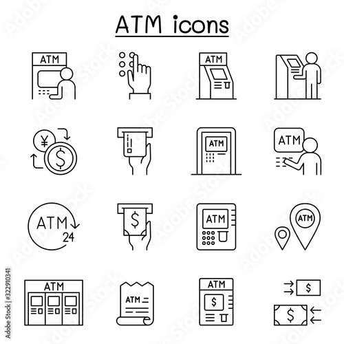 ATM icons set in thin line style