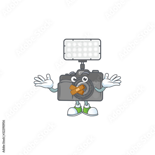 mascot cartoon character design of photo camera with lighting making a silent gesture