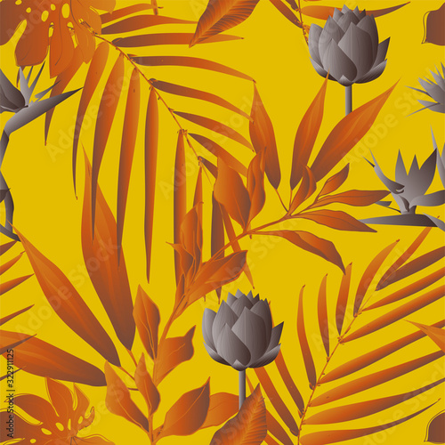 Lotus flowers surrounded by palm leaves seamless pattern. Vector illustration with tropical plants.