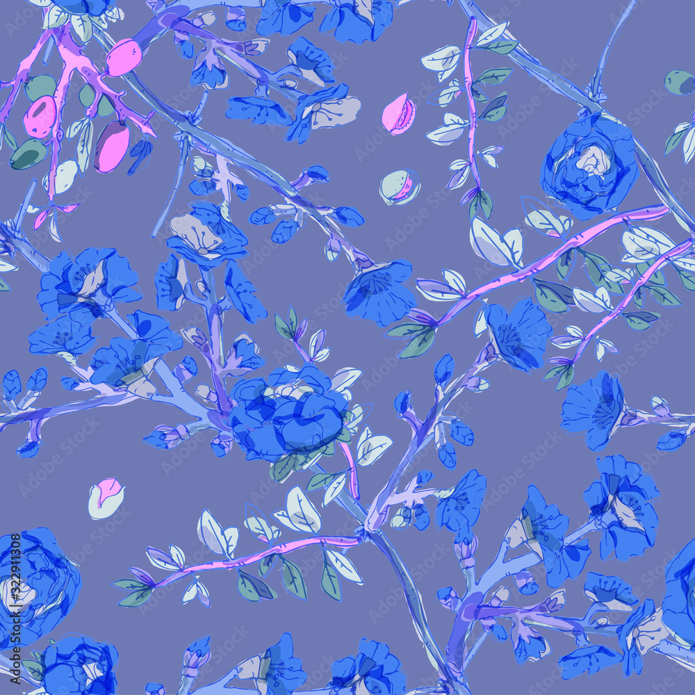 Seamless pattern with blossom flowers sakura tree. Vector illustration with plants wild roses. Gentle pastel colors. Seamless pattern with blossom flowers sakura tree. Vector illustration with plants wild roses. Gentle pastel colors.