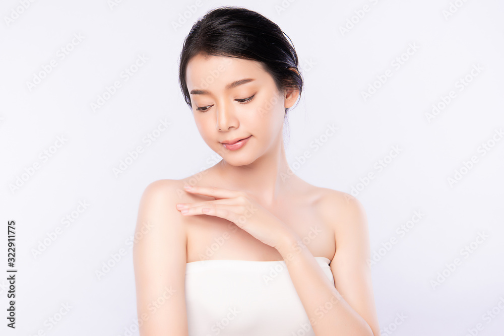 Portrait beautiful young asian woman clean fresh bare skin concept. Asian girl beauty face skincare and health wellness, Facial treatment, Perfect skin, Natural makeup, on white background,two Portrait beautiful young asian woman clean fresh bare skin concept. Asian girl beauty face skincare and health wellness, Facial treatment, Perfect skin, Natural makeup, on white background,two