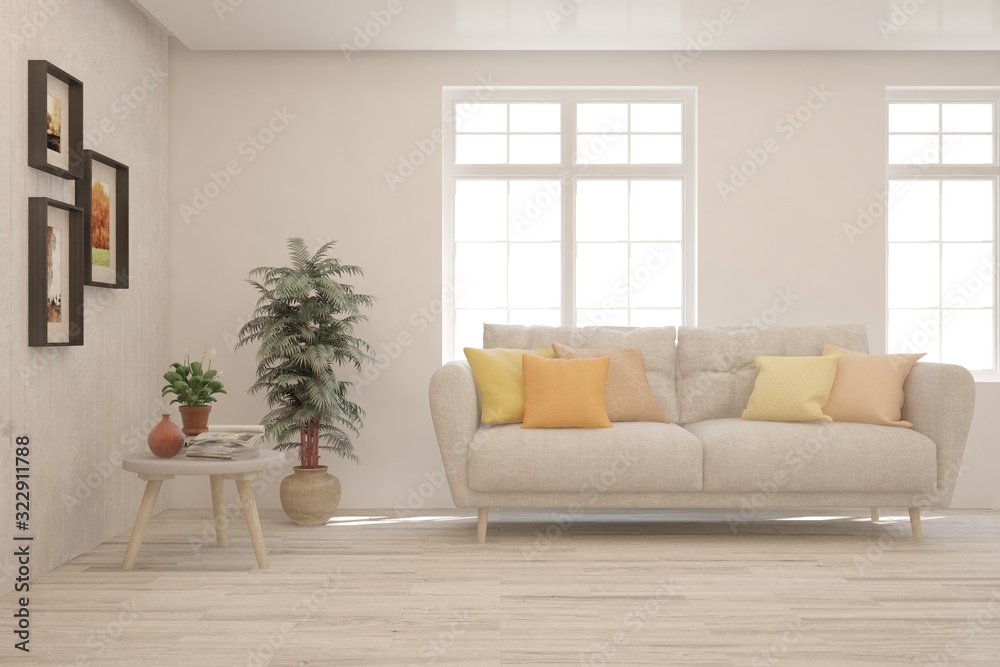 Stylish room in white color with sofa. Scandinavian interior design. 3D illustration