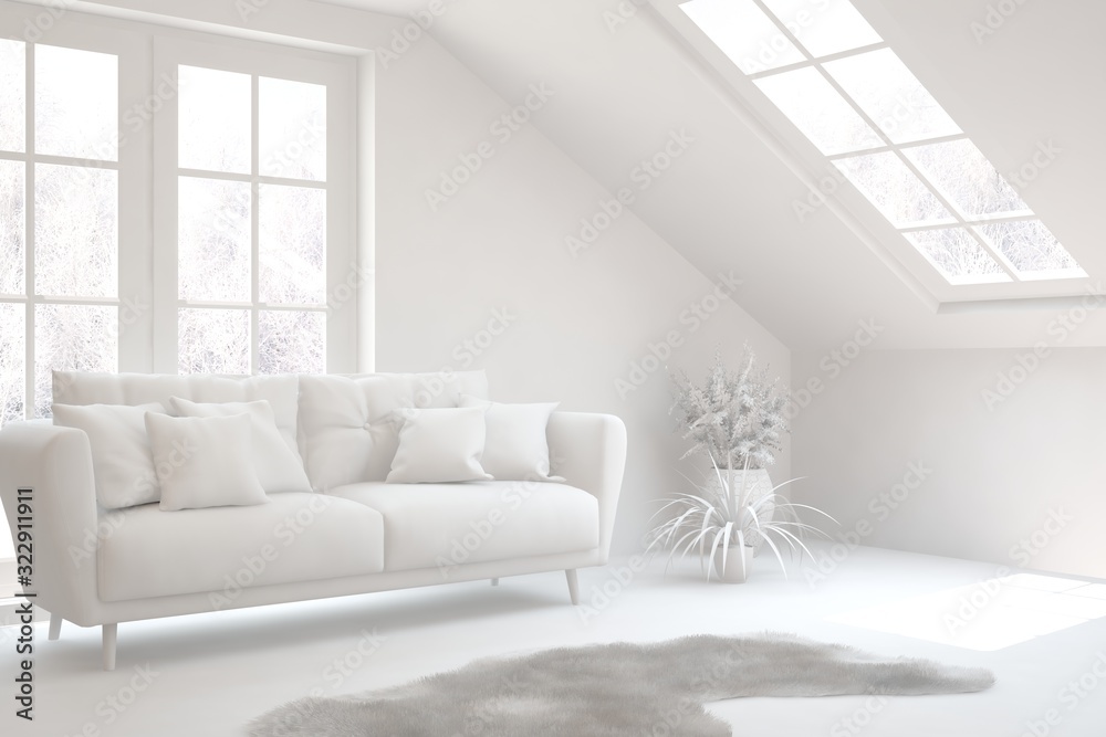 Mock up of stylish room in white color with sofa. Scandinavian interior design. 3D illustration
