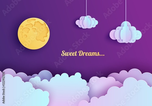 Night sky in paper cut style. Cut out 3d background with violet and blue gradient clouds on rope and full moon papercut art. Cute origami clouds. Vector good night sweet dreams card.