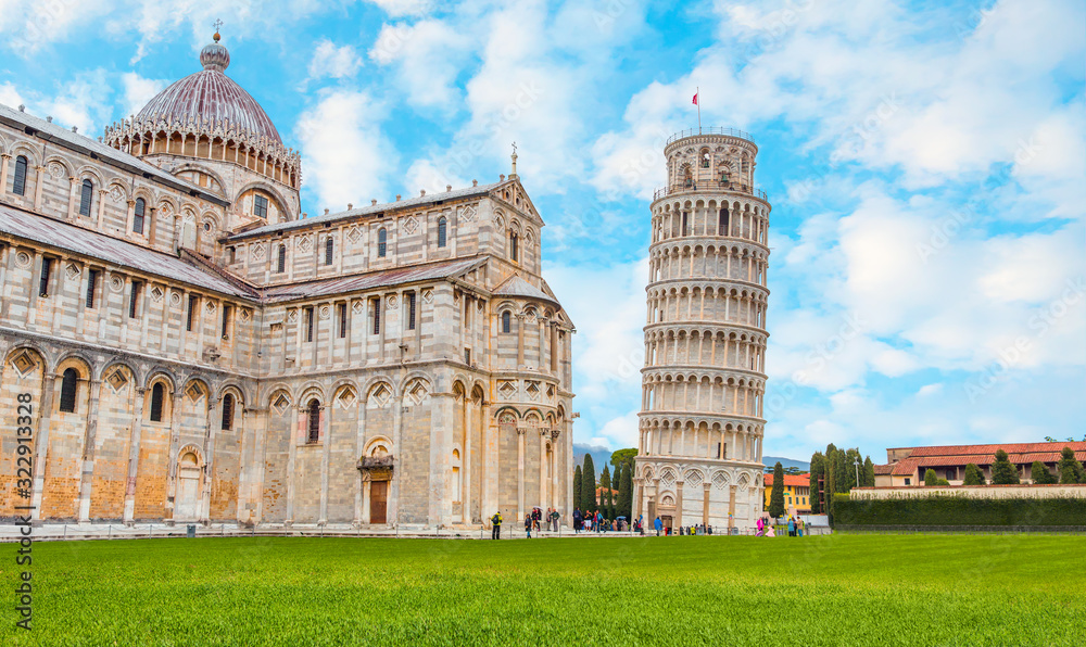 Piazza dei miracoli, with the Basilica and the leaning tower -Pisa, Italy