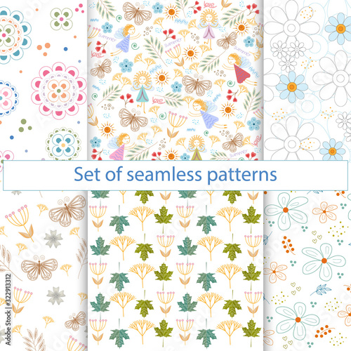 Set of 6 floral seamless vector illustrations of textures on a white background