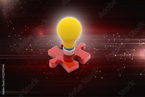 3d rendering led yellow light bulb on puzzle
