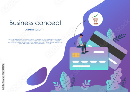 Banking business concept illustration of man sitting on credit cards and using computer for online banking and business. Flat businessmen with credit cards. Vector business background
