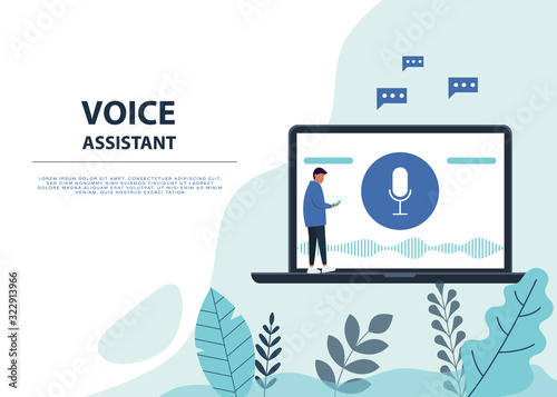 Male character using voice control for his phone. Voice assistent. Isolated vector illustration of voice remote with character and phone. Voice recognition. Vector