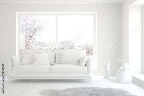 Mock up of stylish room in white color with sofa and winter landscape in window. Scandinavian interior design. 3D illustration