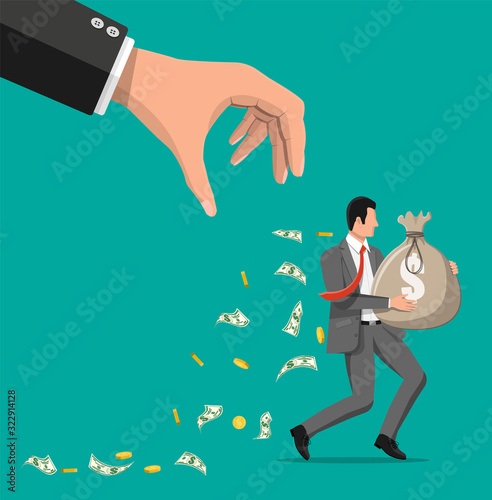 Hand tries to grab the bag of money running businessman. Stealing money, tax, debt, fee, crisis and bankruptcy. Protection, banking, property. Vector illustration in flat style