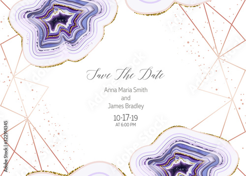 Amethyst crystal geode purple horizontal vector frame.