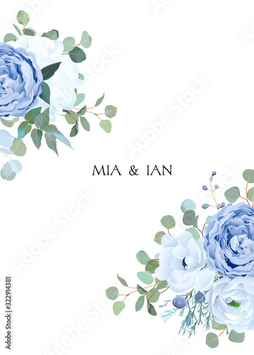 Dusty blue rose, white hydrangea, ranunculus, anemone, eucalyptus, juniper vector design frame. Wedding seasonal flowers card. Floral border composition. All elements are isolated and editable