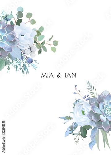 Dusty blue and white flowers, ranunculus, anemone, eucalyptus, juniper, echeveria succulent vector design frame. Wedding seasonal card.Floral border composition. All elements are isolated and editable