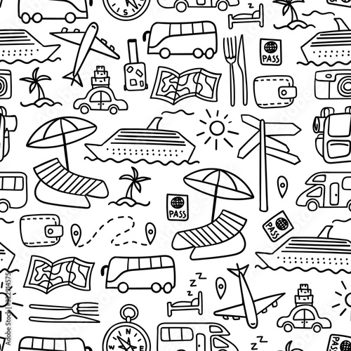 Seamless pattern with hand drawn travel doodles. Simple black outline elements on white background. Flat vector illustration.