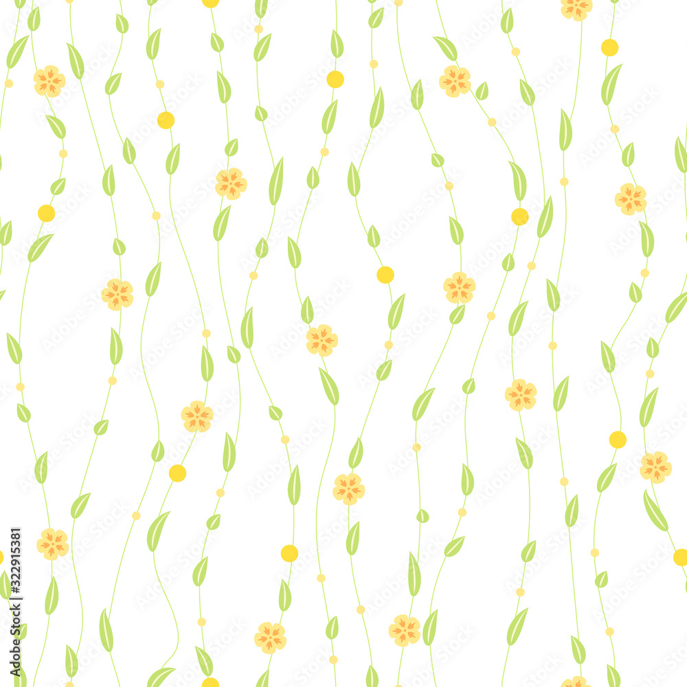 simple green leaves and branches with yellow flowers. floral seamless pattern. light repetitive background. textile design element. fabric swatch. wrapping paper. continuous print. vector illustration