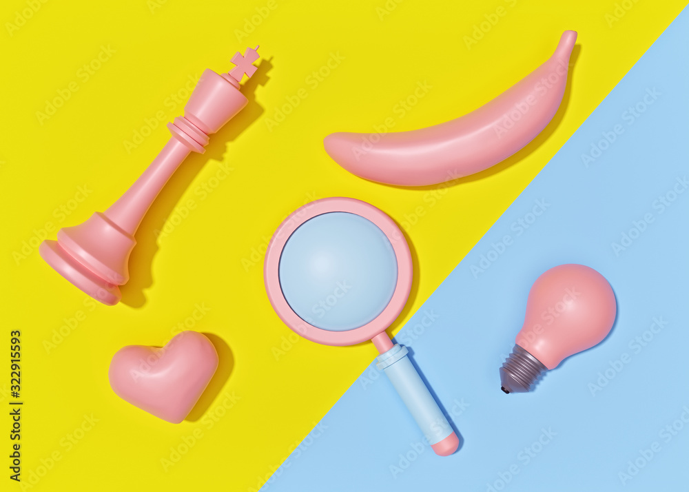 random objects on a bright yellow and blue background. minimal style. top view. 3d rendering - obrazy, fototapety, plakaty 