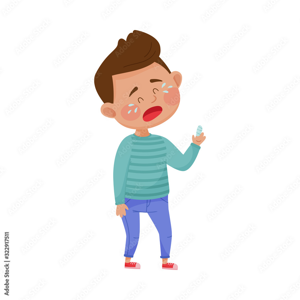Little Boy Standing with Bandaged Finger and Crying Because of Pain Vector Illustration