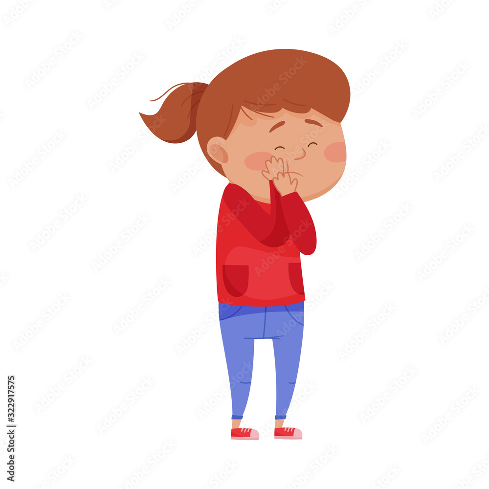 Little Girl Standing with Her Hands on Her Cheek Because of Pain Vector Illustration Little Girl Standing with Her Hands on Her Cheek Because of Pain Vector Illustration